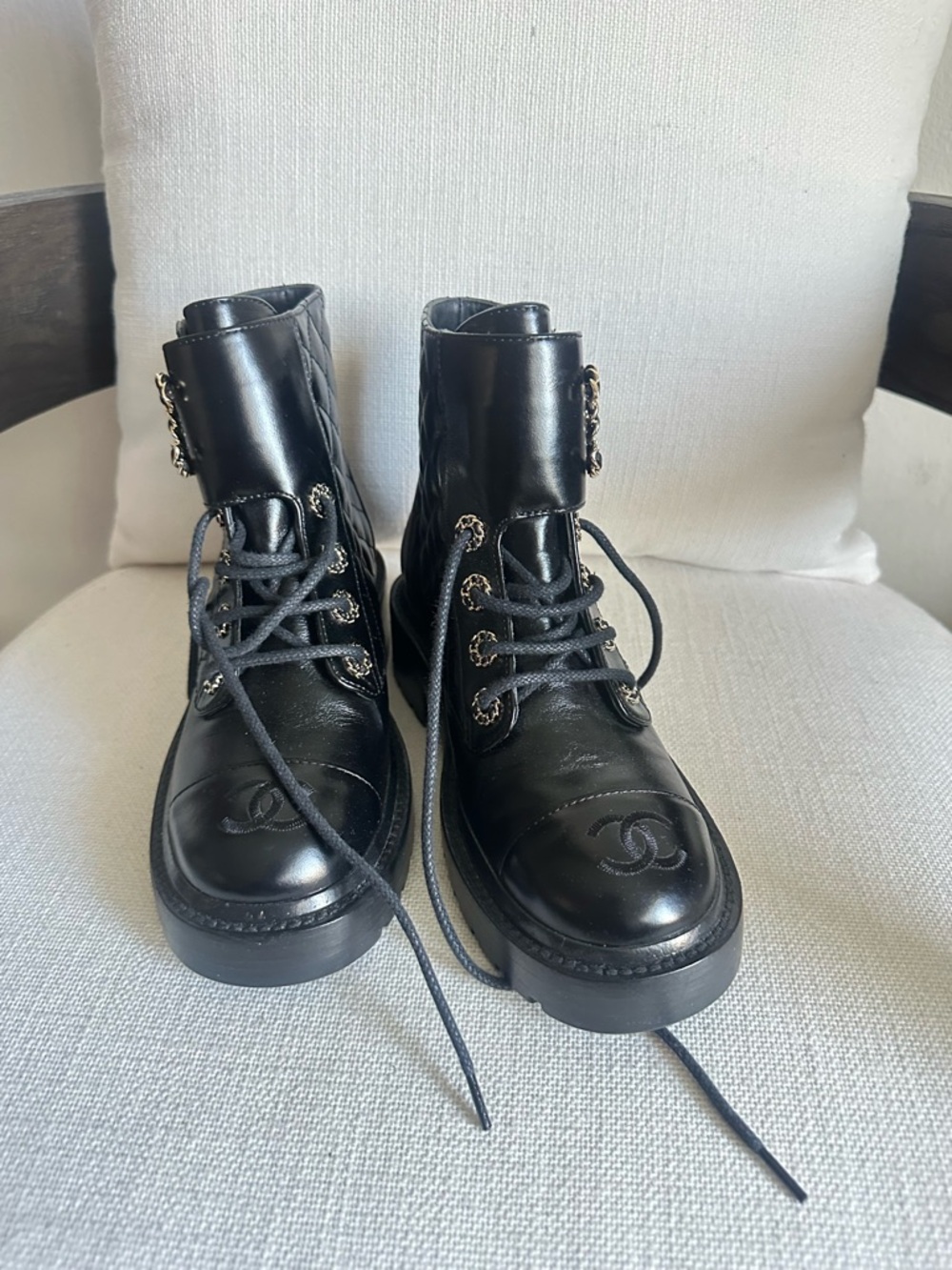 CHANEL Black Quilted Leather Lace-Up Combat Boots with Chain CC - Picture 2 of 11